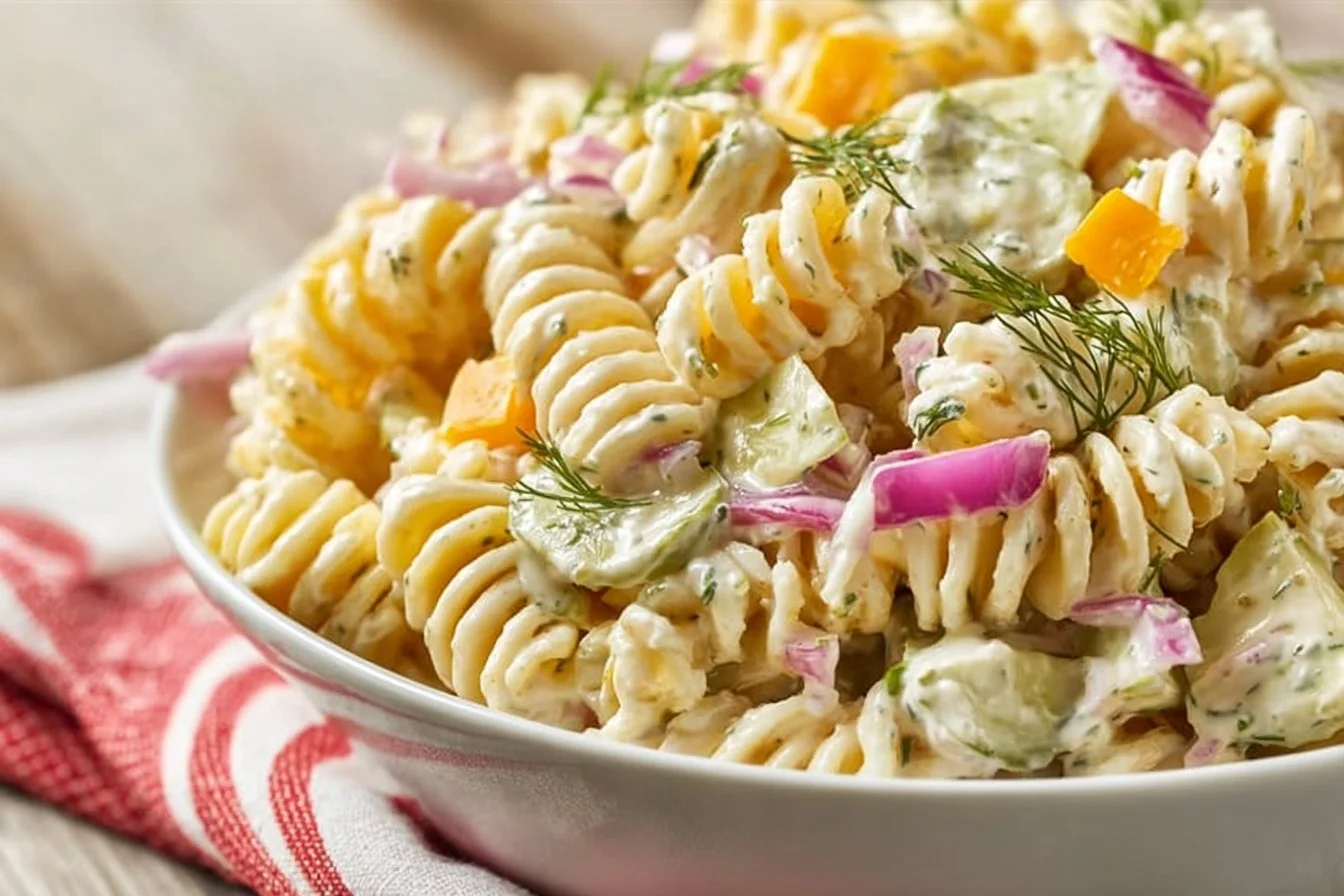 Creamy dill pickle macaroni salad in a bowl, garnished with fresh herbs.