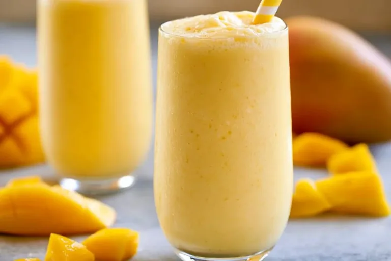 Creamy mango smoothie in a glass with fresh mango slices and mint
