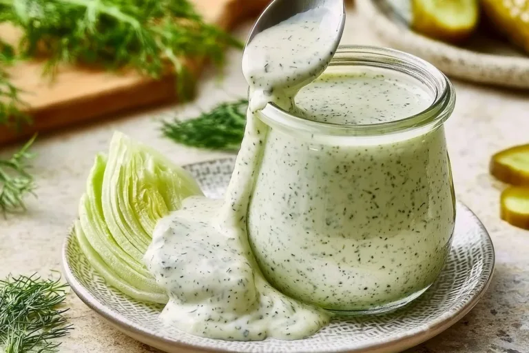 Dill Pickle Cottage Cheese Ranch Dressing in a bowl with fresh herbs.
