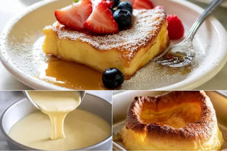 Fluffy and golden easy German pancakes served with fruit and syrup