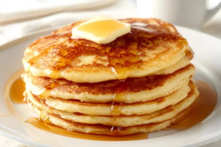 Plate of fluffy homemade pancakes topped with syrup and berries