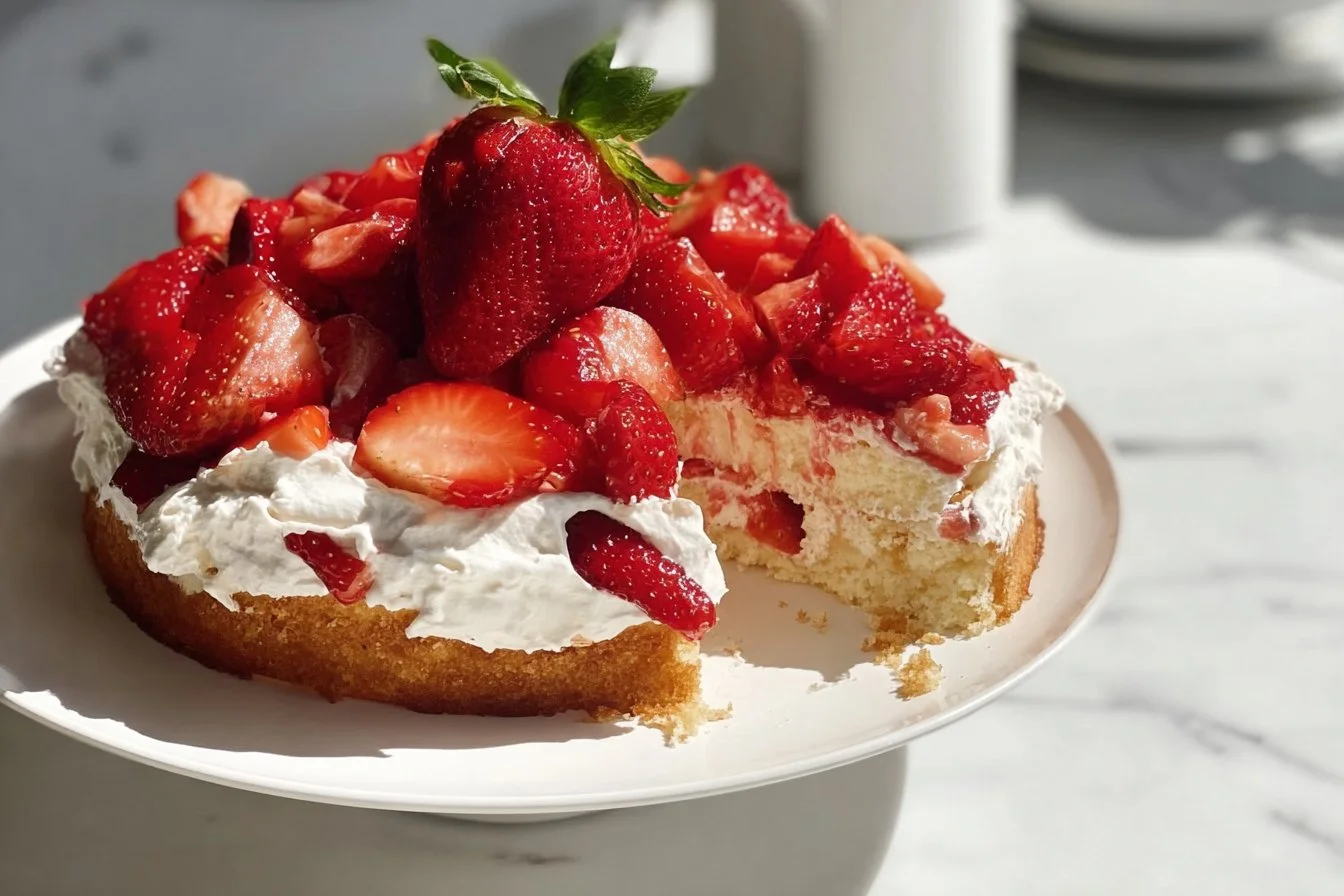 Delicious easy rustic strawberry shortcake cake with fresh strawberries