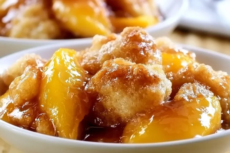 Delicious fresh peach cobbler served warm with vanilla ice cream