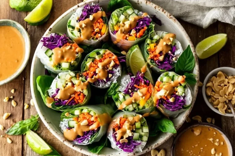Fresh spring rolls with peanut sauce served on a plate
