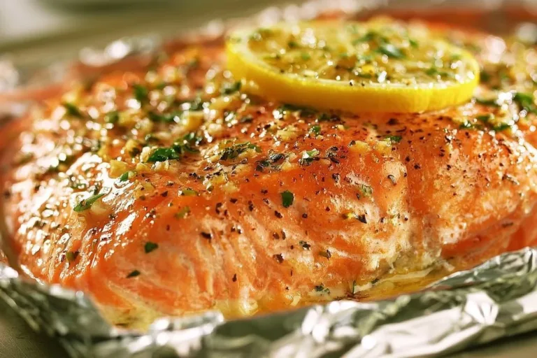 Garlic butter salmon fillet garnished with herbs on a white plate
