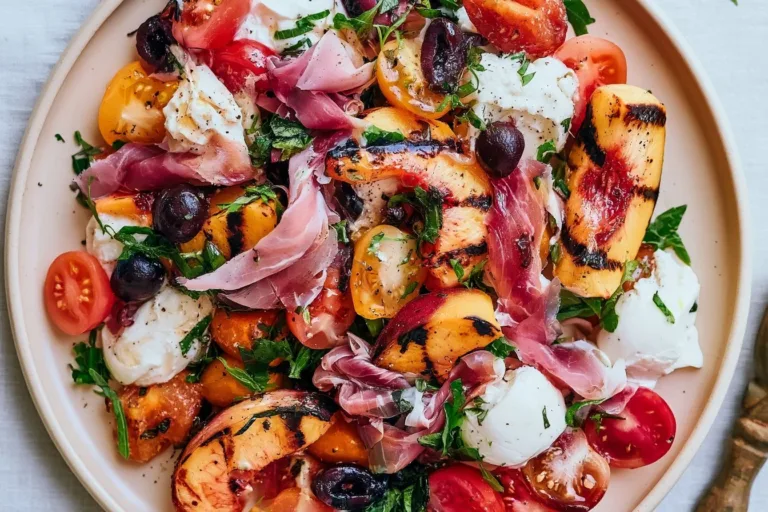 Grilled nectarine burrata salad with prosciutto served in a bowl