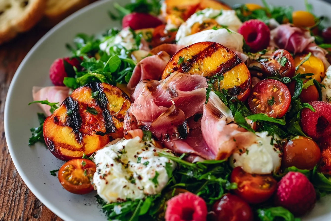 Grilled Nectarine Burrata Prosciutto Salad Recipe | Fruits and Vegetables Burrata Recipes, Summer Seafood Meal Inspiration, Healthy Summer Berries