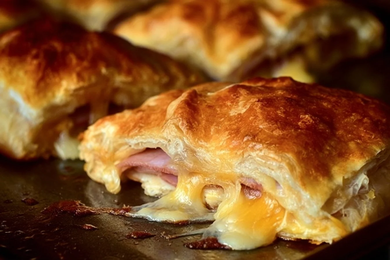 Delicious ham and cheese puff pastry ready to serve as an appetizer.