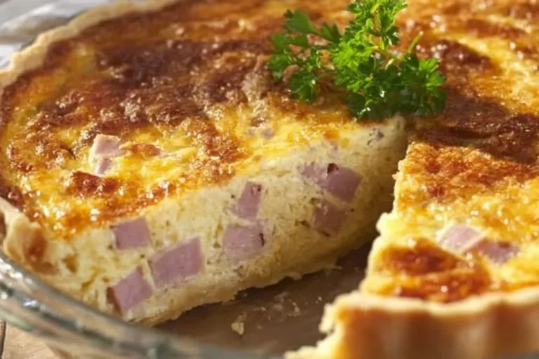 Delicious homemade Ham and Cheese Quiche served on a plate.