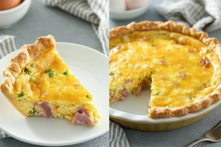 Delicious ham and cheese quiche served on a rustic wooden table.