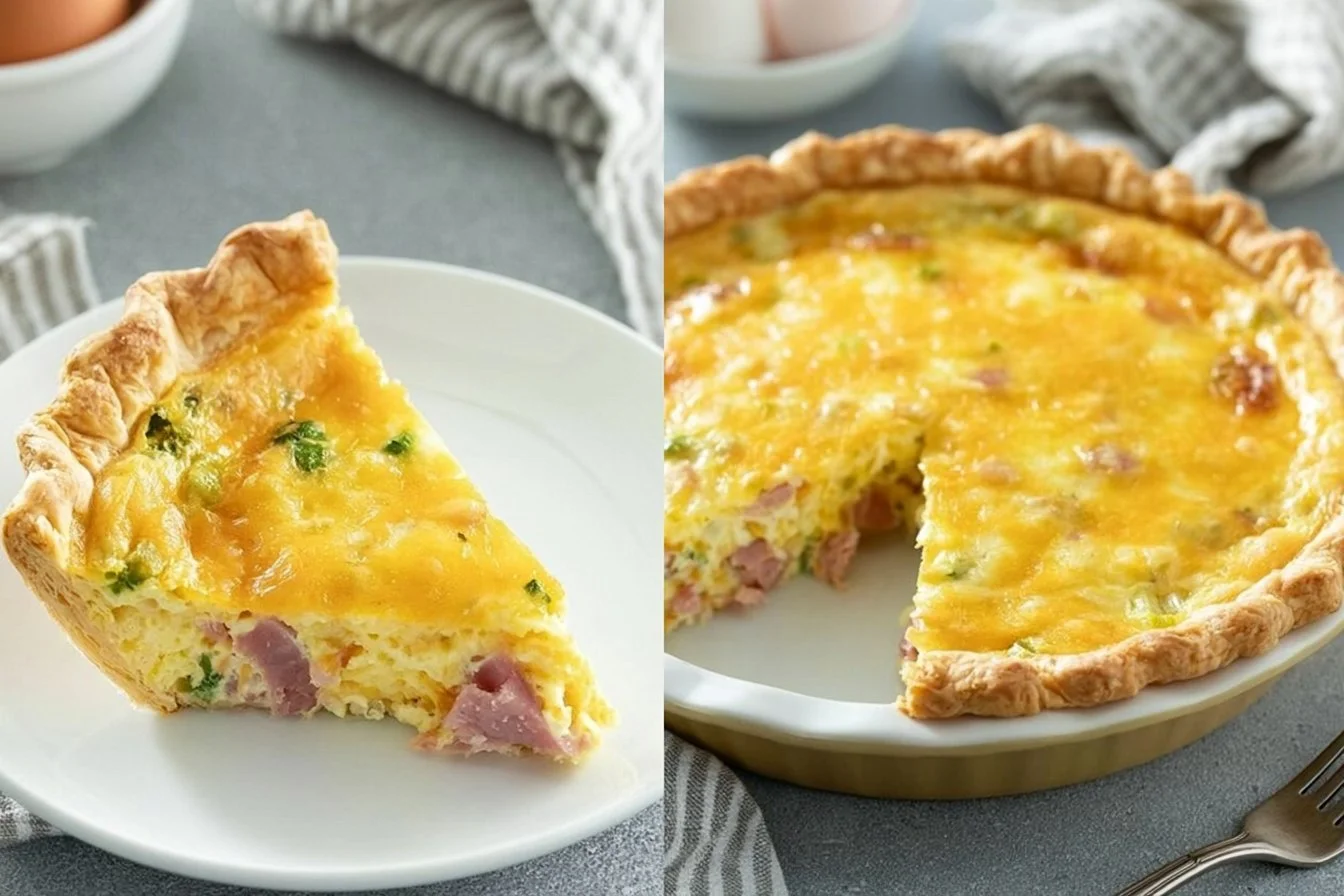 Delicious ham and cheese quiche served on a rustic wooden table.