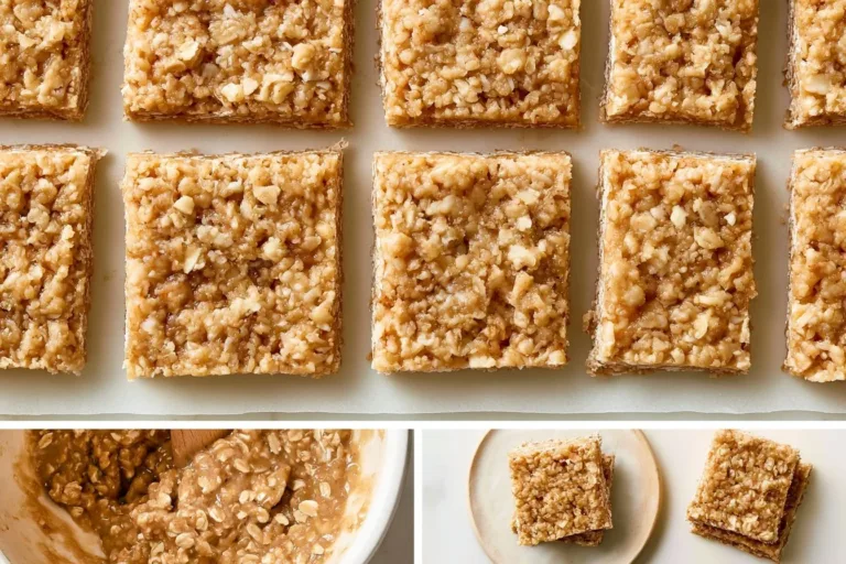 Healthy oatmeal breakfast bars with nuts and dried fruits on a wooden table