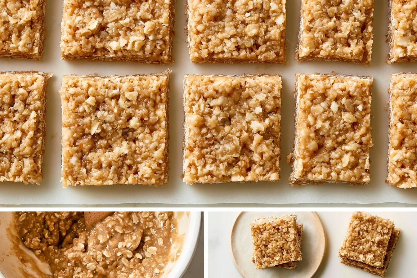 Healthy oatmeal breakfast bars with nuts and dried fruits on a wooden table
