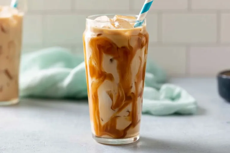 Glass of homemade caramel iced coffee topped with whipped cream.