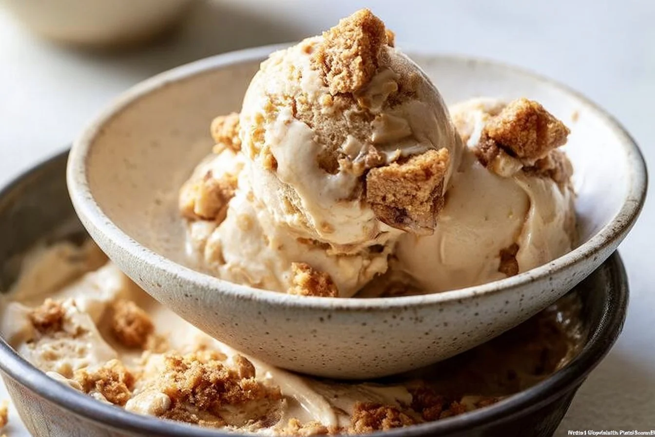 A bowl of homemade cookie butter ice cream topped with cookie crumbs and caramel drizzle.