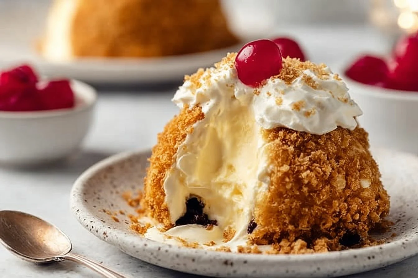 Delicious homemade fried ice cream served in a bowl with toppings