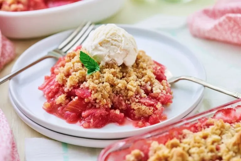 Delicious homemade rhubarb crisp with a crumbly topping and fresh rhubarb.