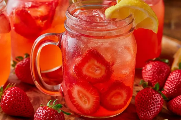 A glass of homemade strawberry lemonade garnished with fresh strawberries and lemon slices