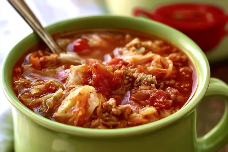 Bowl of Instant Pot Cabbage Roll Soup with cabbage and meat ingredients