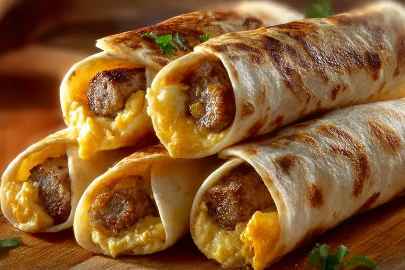 Cheesy sausage and egg breakfast roll-ups ready to enjoy.
