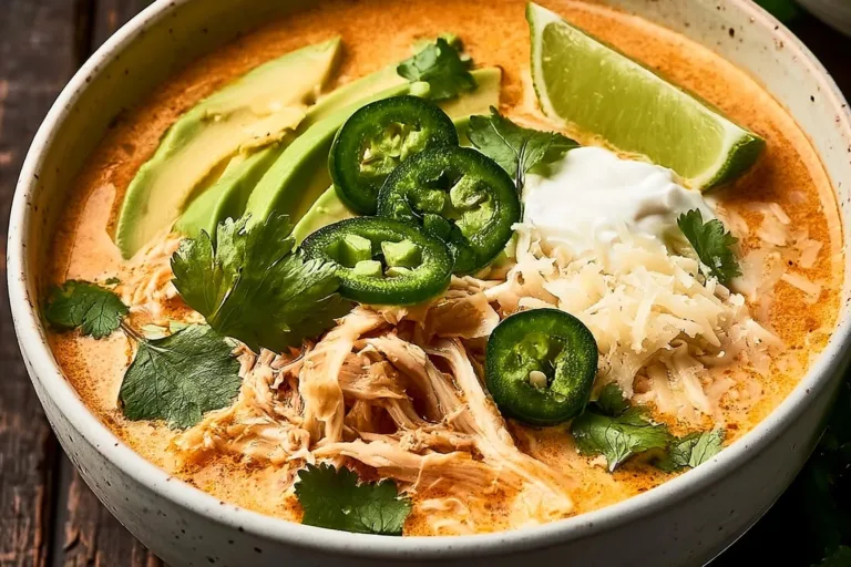 Bowl of Keto Chicken Tortilla Soup garnished with cilantro and avocado