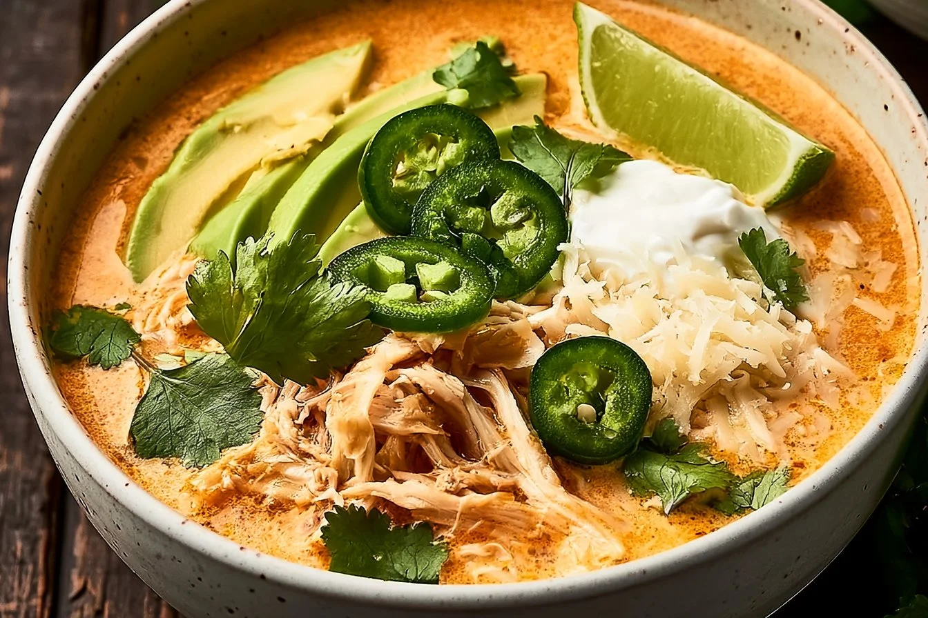 Bowl of Keto Chicken Tortilla Soup garnished with cilantro and avocado