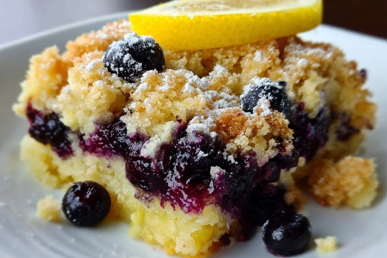 Delicious Lemon Blueberry Cheesecake Dump Cake garnished with fresh blueberries