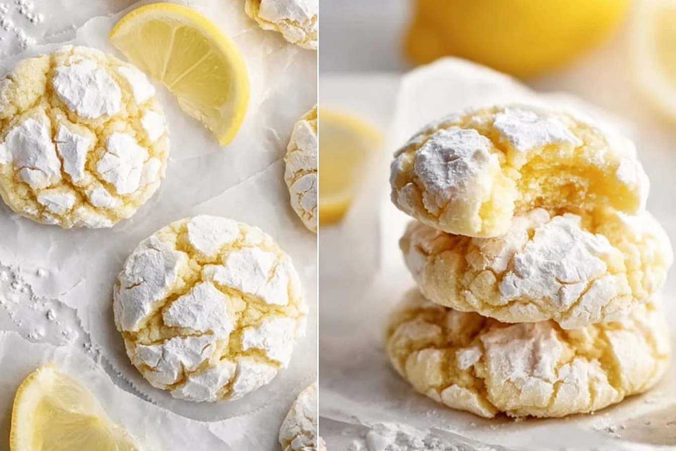 Freshly baked Lemon Crinkle Cookies with a powdered sugar coating