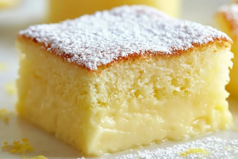 Slice of Magic Lemon Custard Cake with lemon garnish on a plate