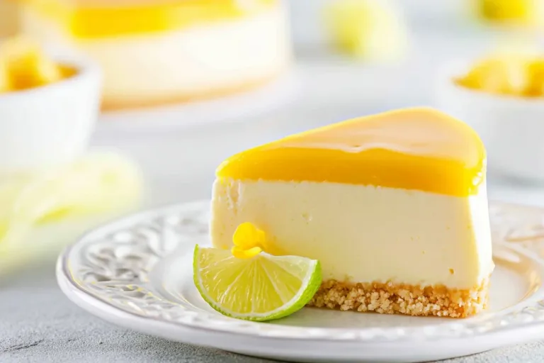 Delicious Mango Key Lime Cheesecake topped with fresh mango and lime zest