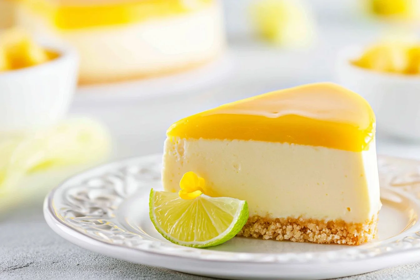 Delicious Mango Key Lime Cheesecake topped with fresh mango and lime zest