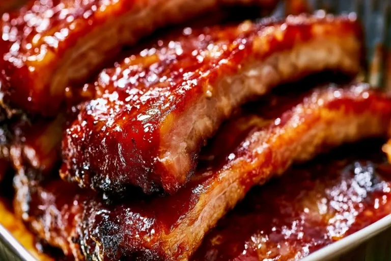 Delicious oven baked barbecue ribs covered in savory sauce and garnished