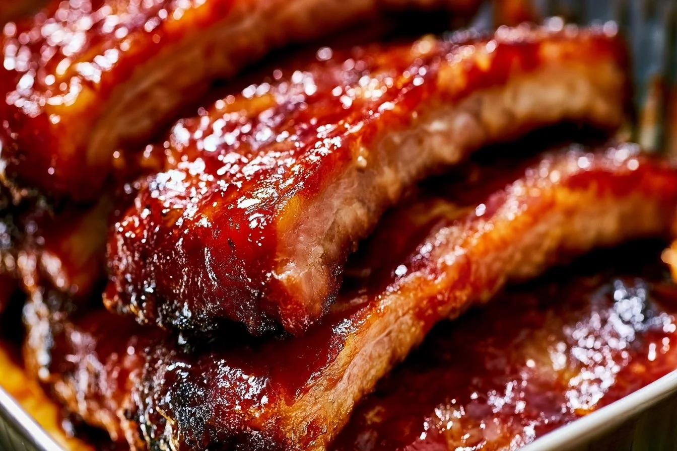 Delicious oven baked barbecue ribs covered in savory sauce and garnished