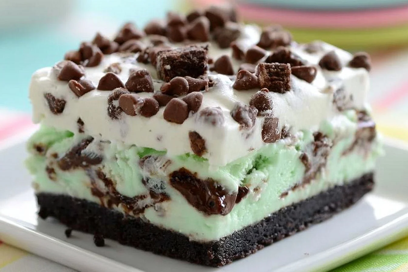 Mint chip brownie ice cream squares dessert recipe with rich brownies and mint flavor