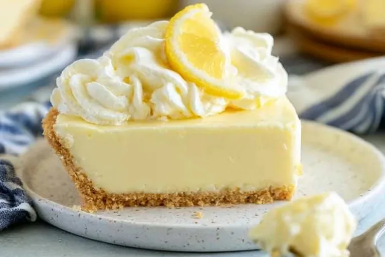 No-bake lemon cream pie topped with whipped cream and fresh lemon slices