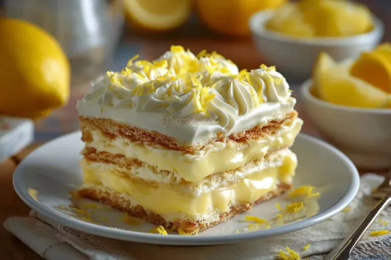 No-Bake Lemon Eclair Cake topped with lemon glaze and whipped cream