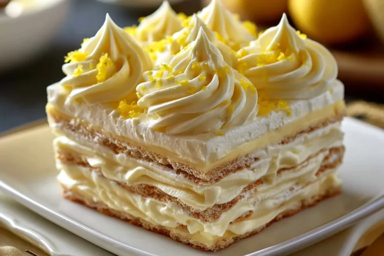 No-bake lemon eclair cake decorated with lemon slices and whipped cream on a plate.