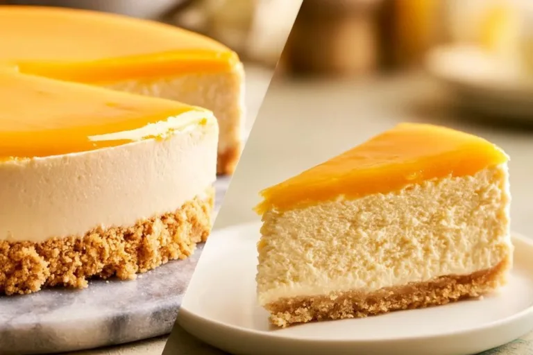 No bake mango cheesecake topped with fresh mango slices and mint leaves