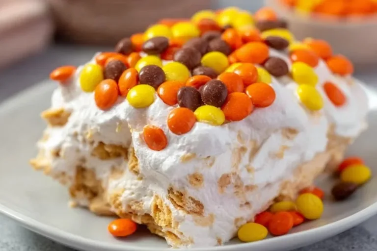No bake peanut butter icebox cake topped with chocolate and peanuts