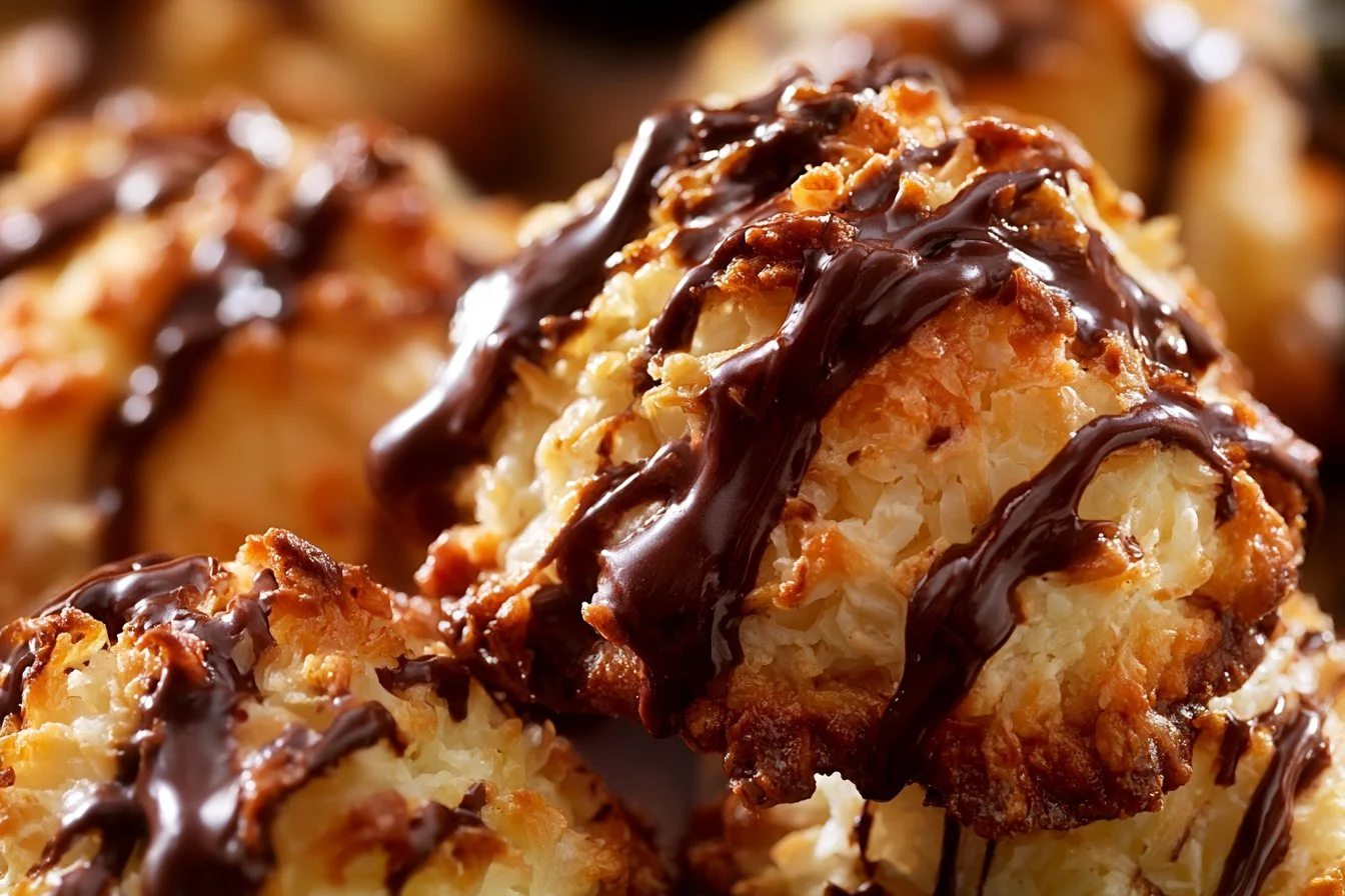 Delicious no bake Samoa cookies topped with chocolate and coconut.
