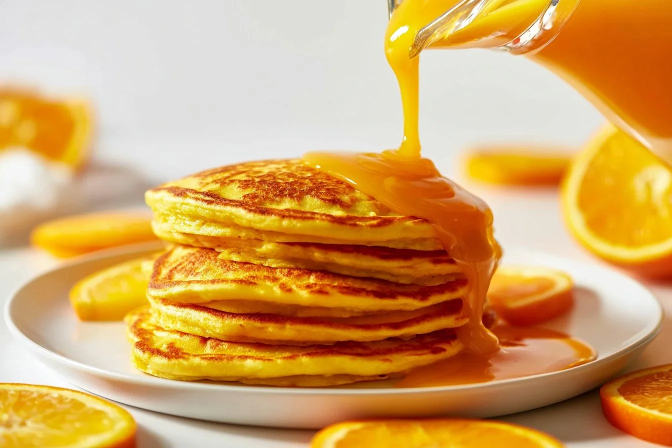 Fluffy orange ricotta pancakes served with syrup and fresh oranges