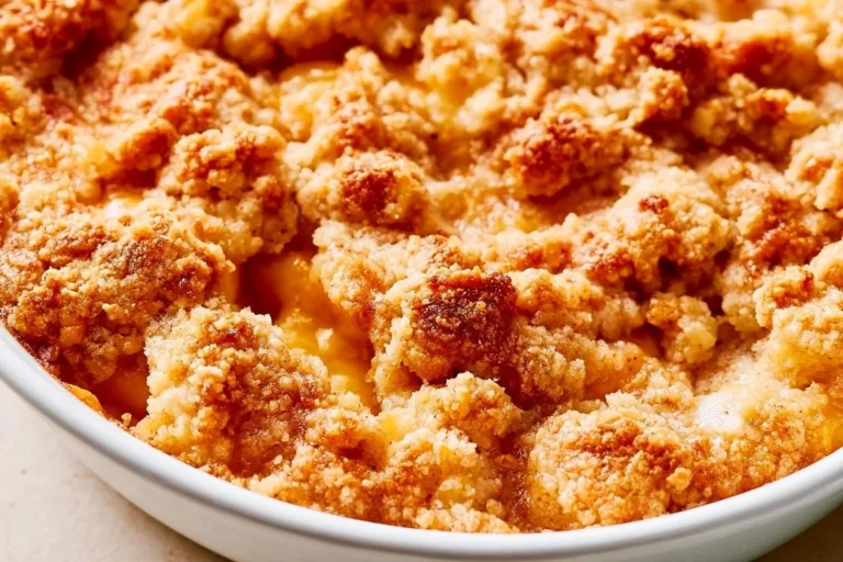 A mouthwatering peach cobbler with golden crust and juicy peaches.