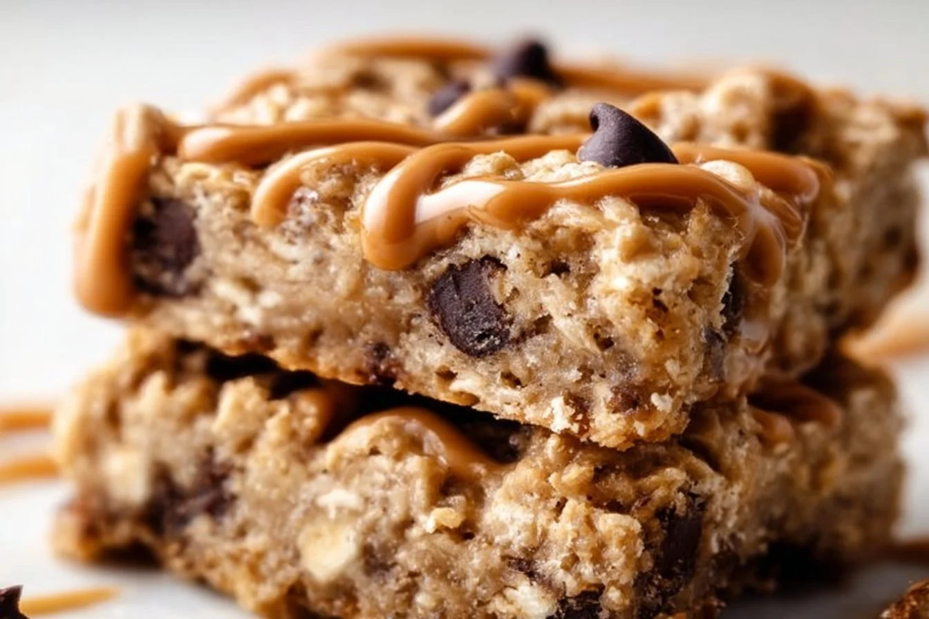 Peanut butter banana oatmeal chocolate chip bars on a wooden table