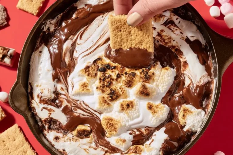 Delicious quick and easy S'mores Dip served with graham crackers and chocolate
