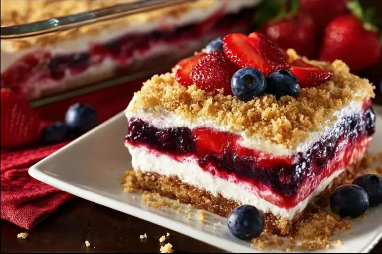 Red White & Blue Mixed Berry dessert featuring fresh strawberries, blueberries, and whipped cream.