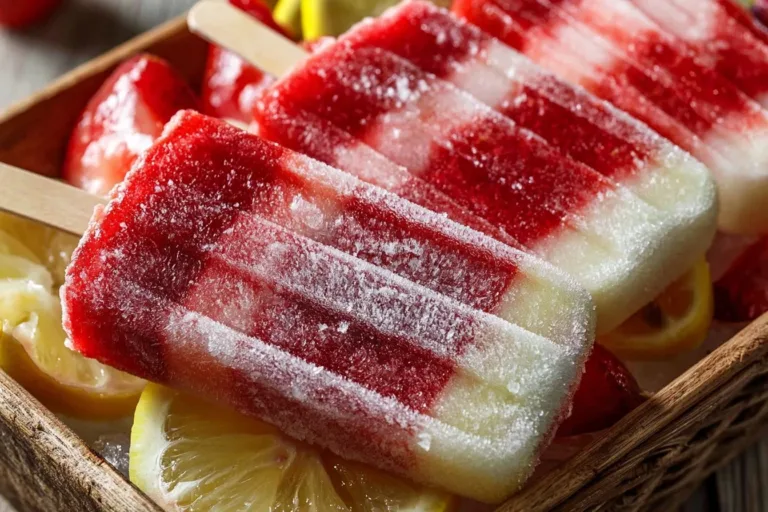 Refreshing frozen strawberry lemonade popsicles in a colorful display