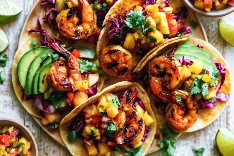 Shrimp tacos topped with grilled pineapple salsa on a plate