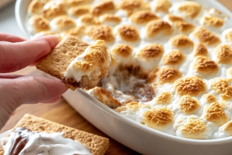 Delicious S'MORES dip served with graham crackers and chocolate topping.