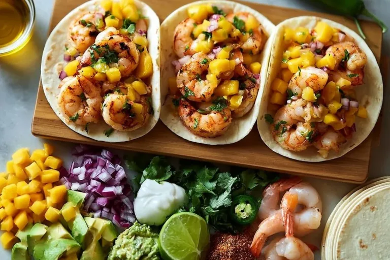 Delicious spicy shrimp tacos topped with fresh mango salsa