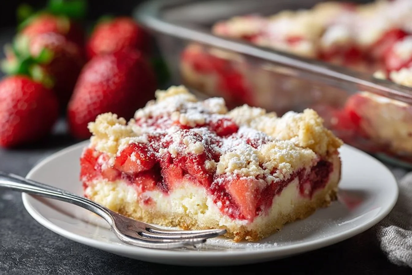 Delicious strawberry cheesecake dump cake topped with fresh strawberries.